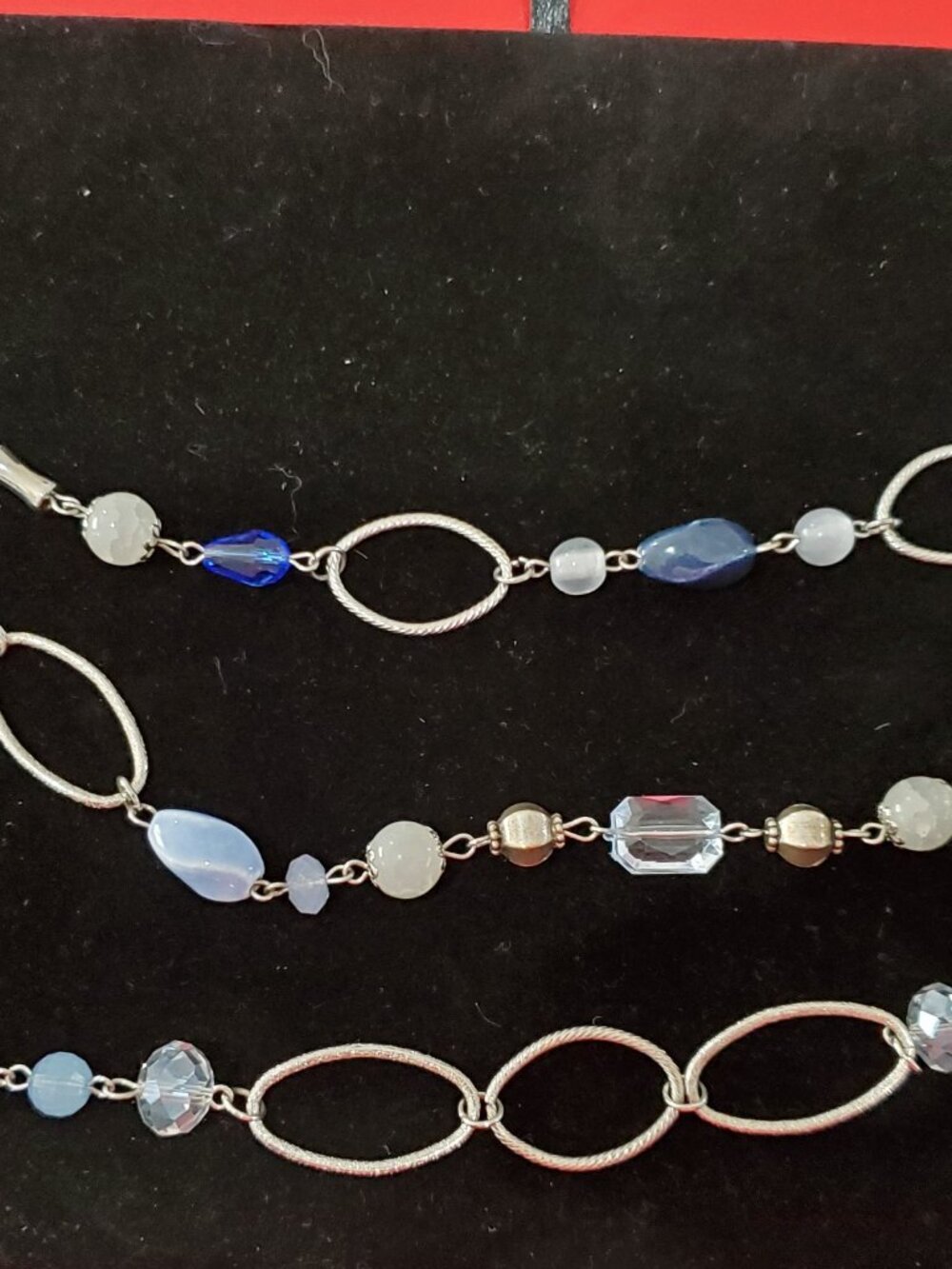 Lia Sophia Silver Tone 3 Strand Necklace Blue White Clear Beads Silver Tone Ring